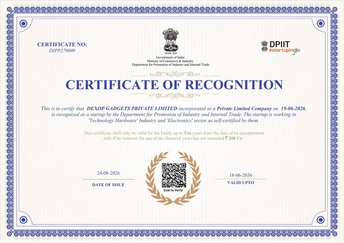Startup India DPIIT Certificate of Recognition DIPP279009 for DEXOP GADGETS PRIVATE LIMITED